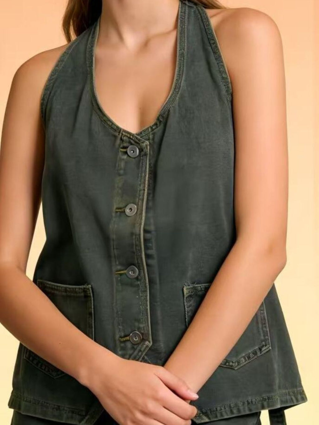 Halter Neck Button-Down Denim Vest