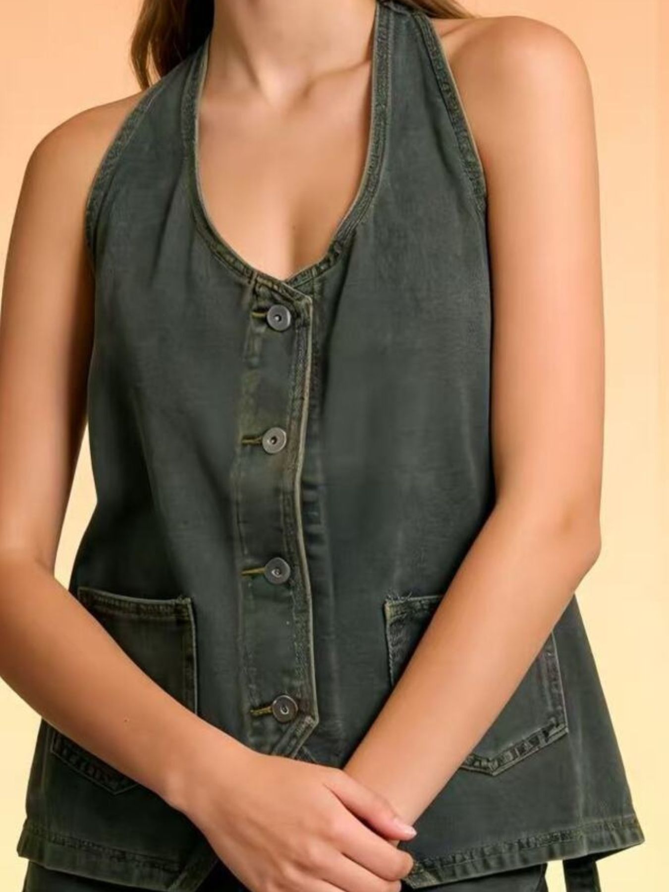 Halter Neck Button-Down Denim Vest