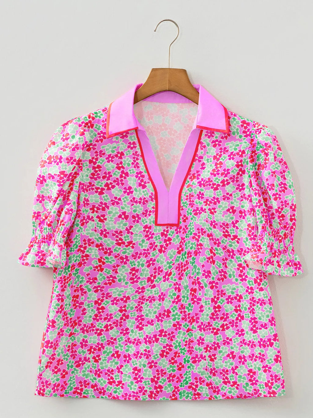Floral Collared V Neck Short Puff Sleeve Blouse