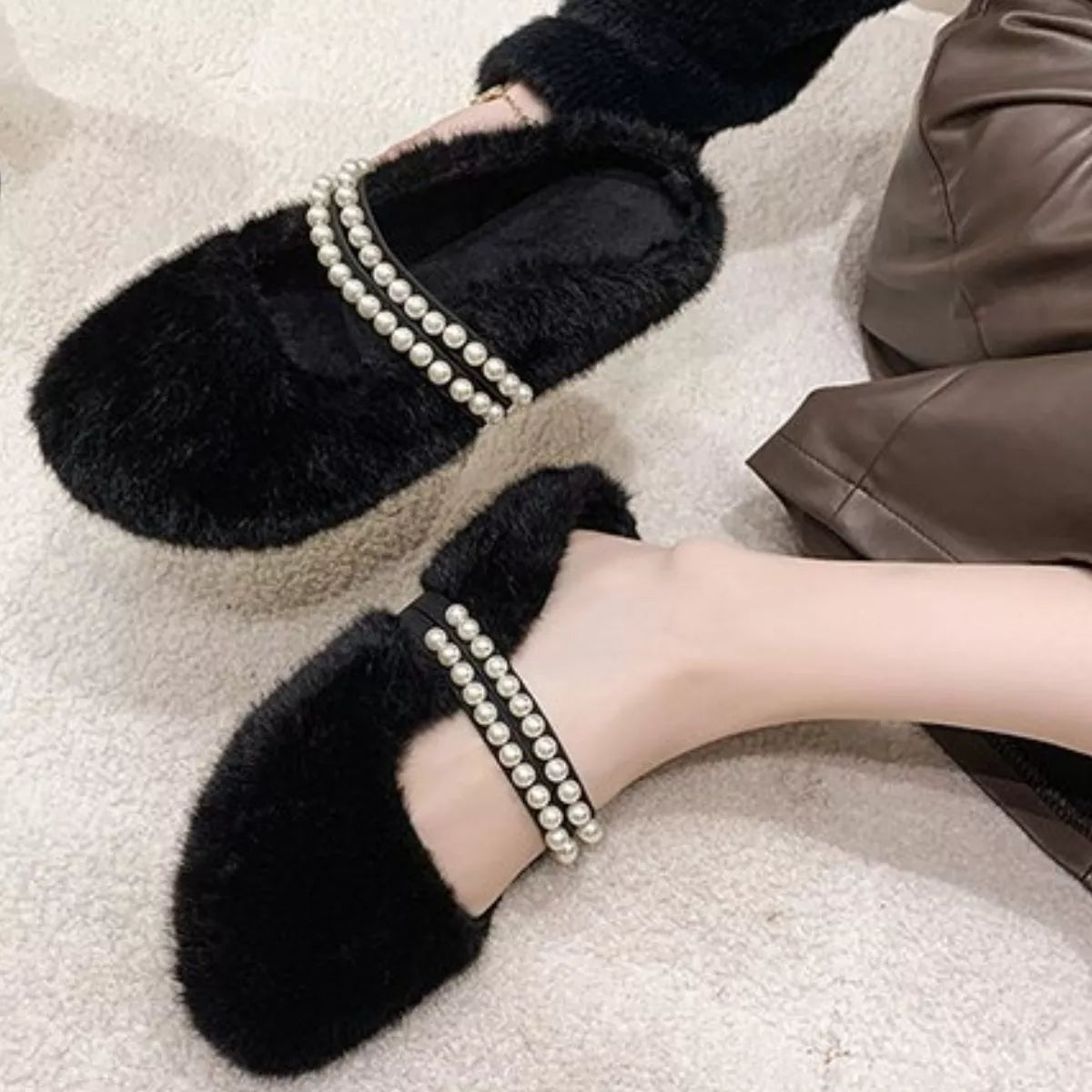 Pearl Embellished Plush Slippers