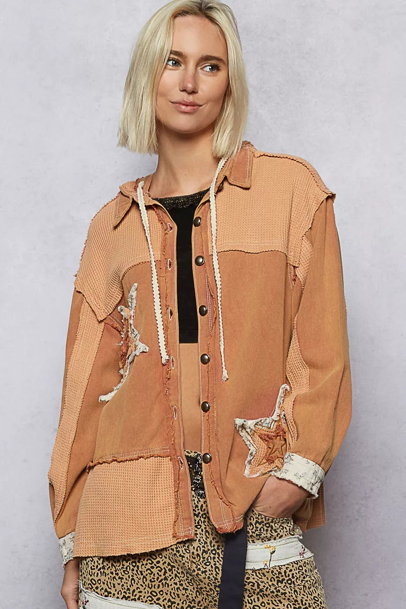 POL Button Down Hooded Jacket with with Star Patch Pattern