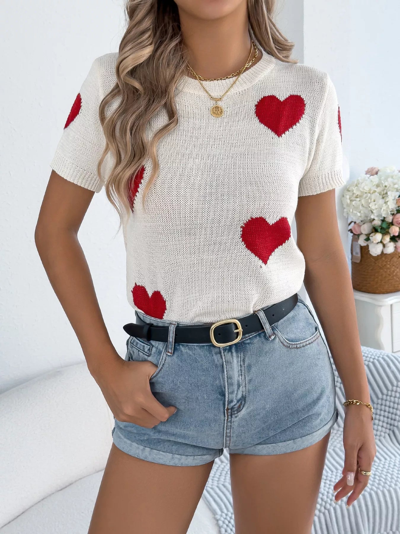 Heart Pattern Short Sleeve Knit Top