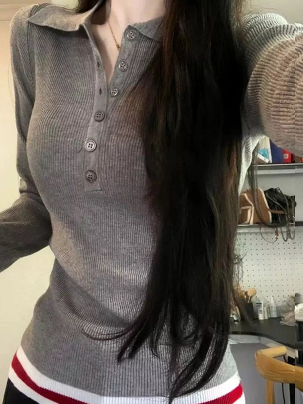 Slim Fit Ribbed Button Detail Knit Top