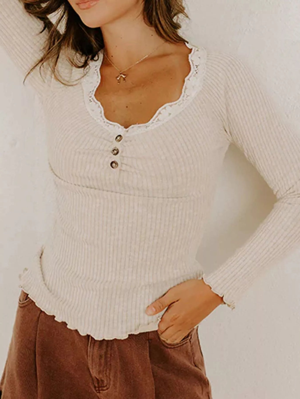 Lace Neckline Button Decor Lettuce Edge Long Sleeve Ribbed Top