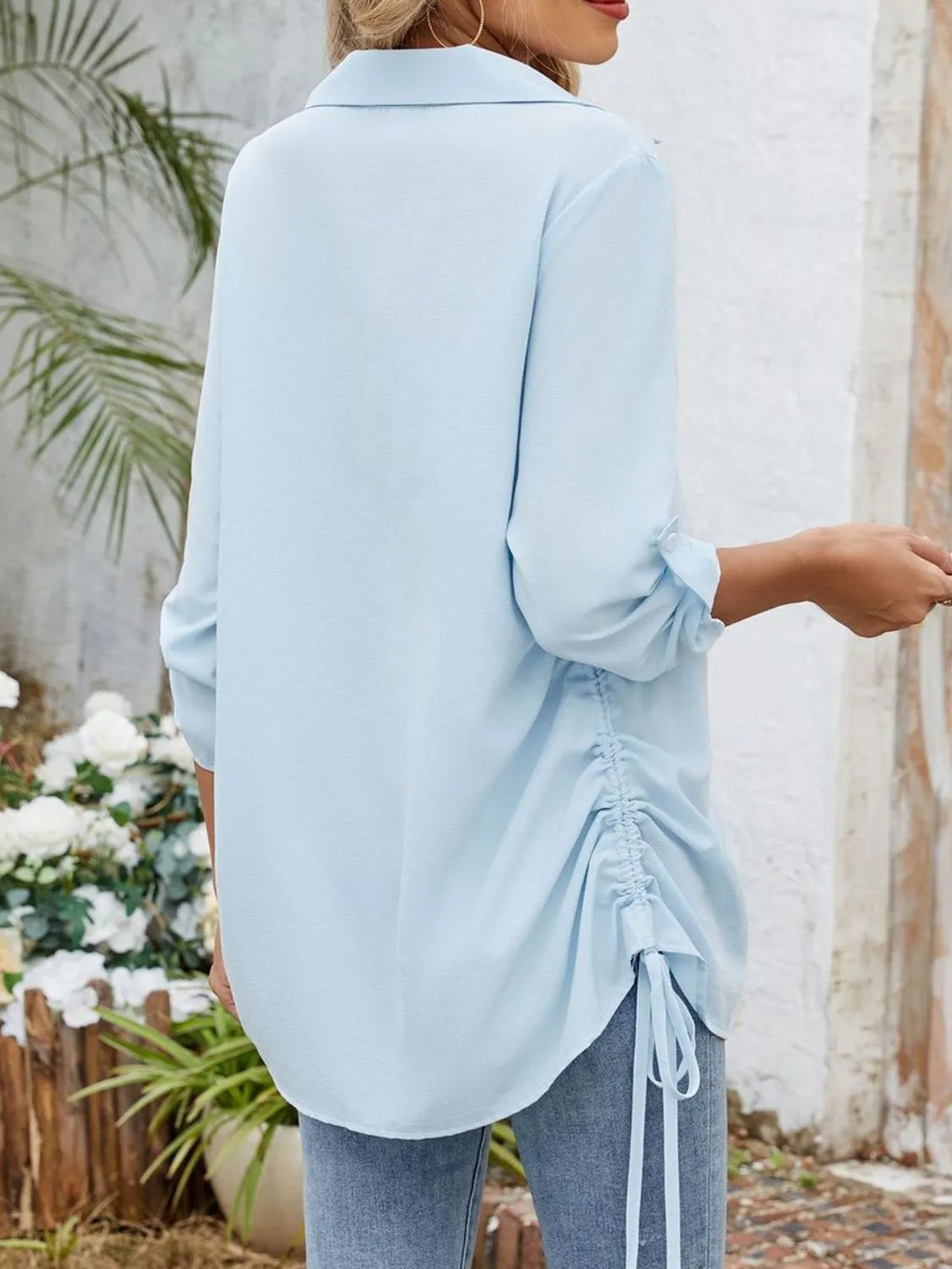 Drawstring Johnny Collared Three-Quarter Sleeve Top
