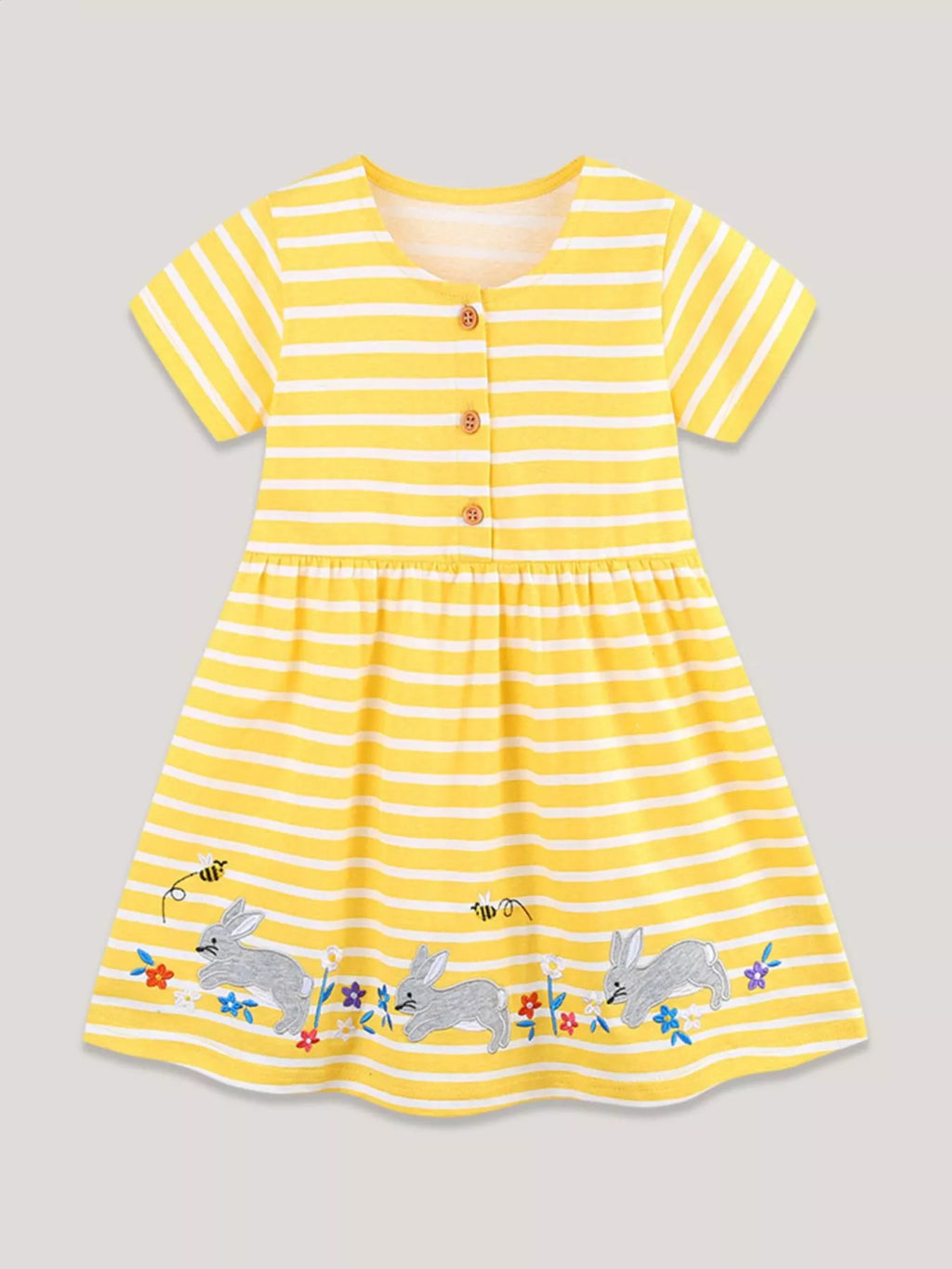 Children's Striped Bunny Embroidered Button-Front Dress