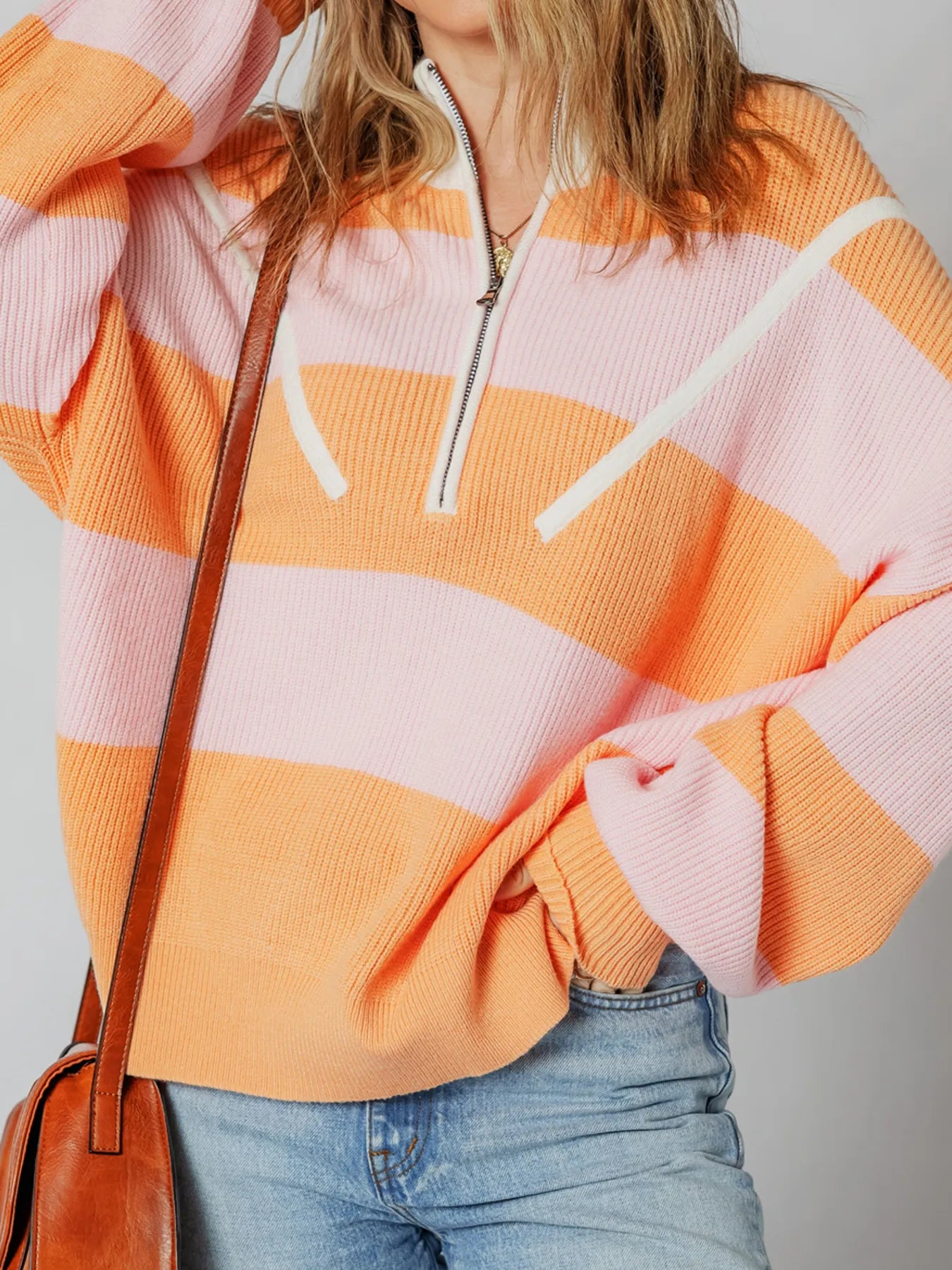 Stripe Color Block Half Zip Oversize Sweater