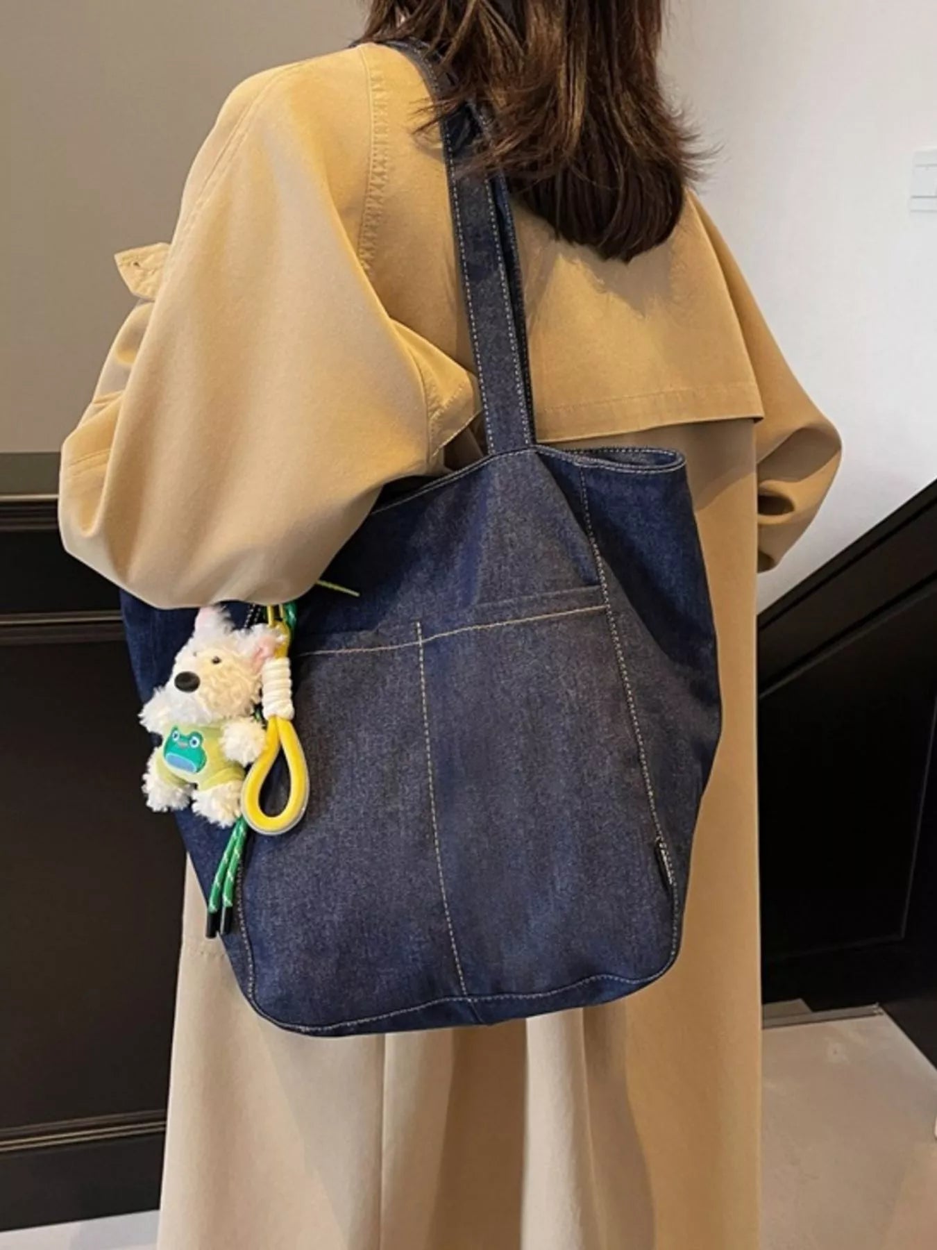 Denim Shoulder Bag with Cute Charm