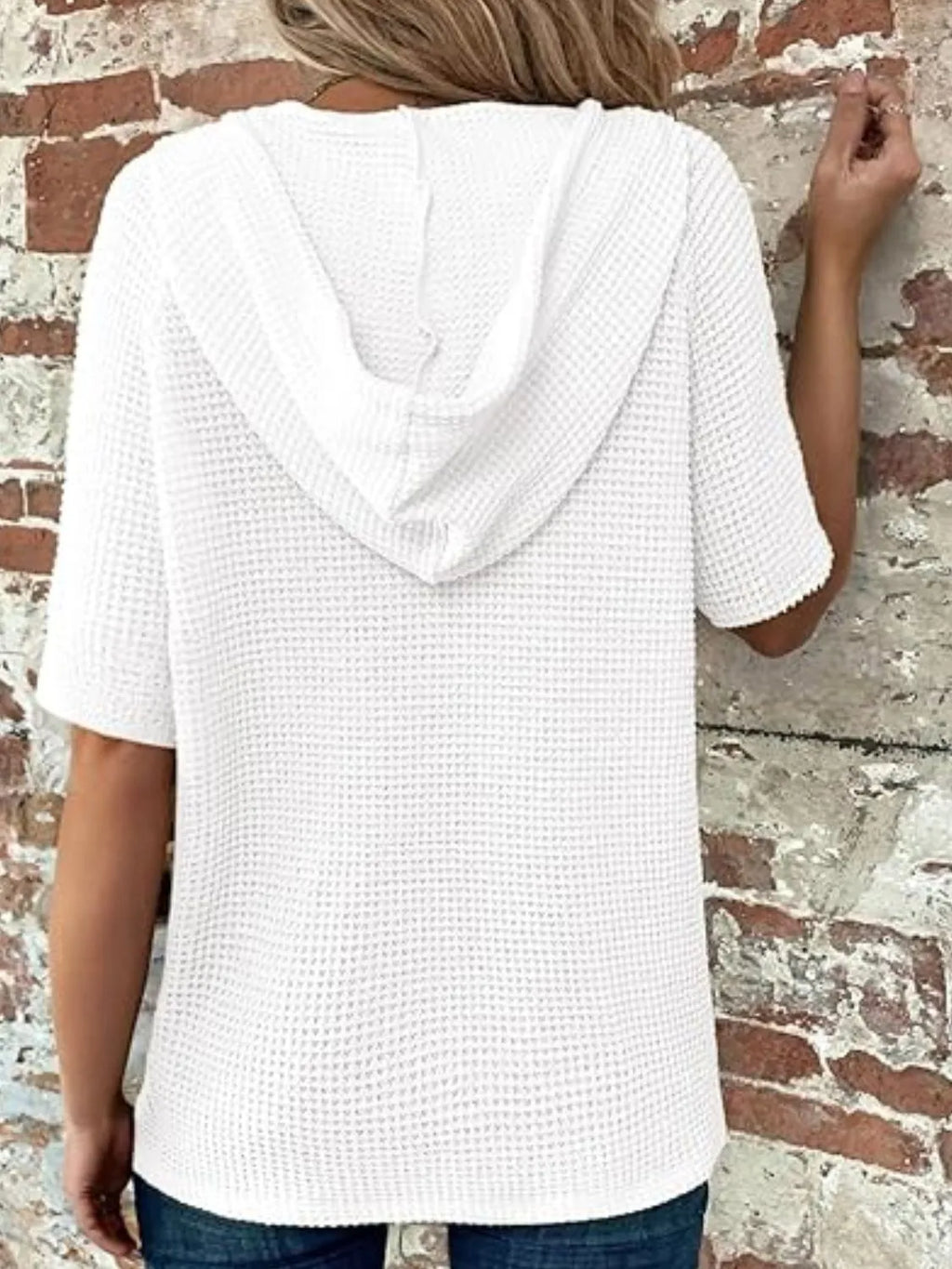 Drawstring Waffle-Knit Short Sleeve Hooded Top