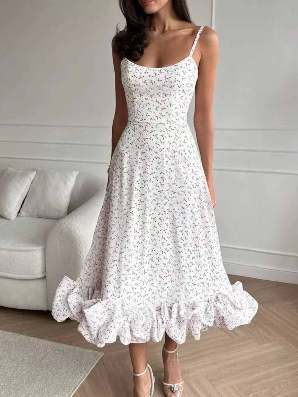 Floral Print Ruffle Hem Spaghetti Strap Midi Dress
