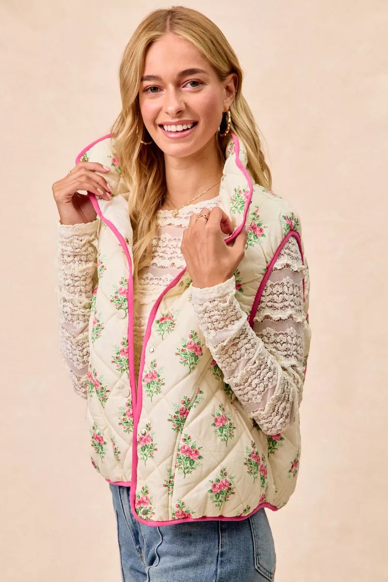 BiBi Floral Print Piping Detail Quilted Vest