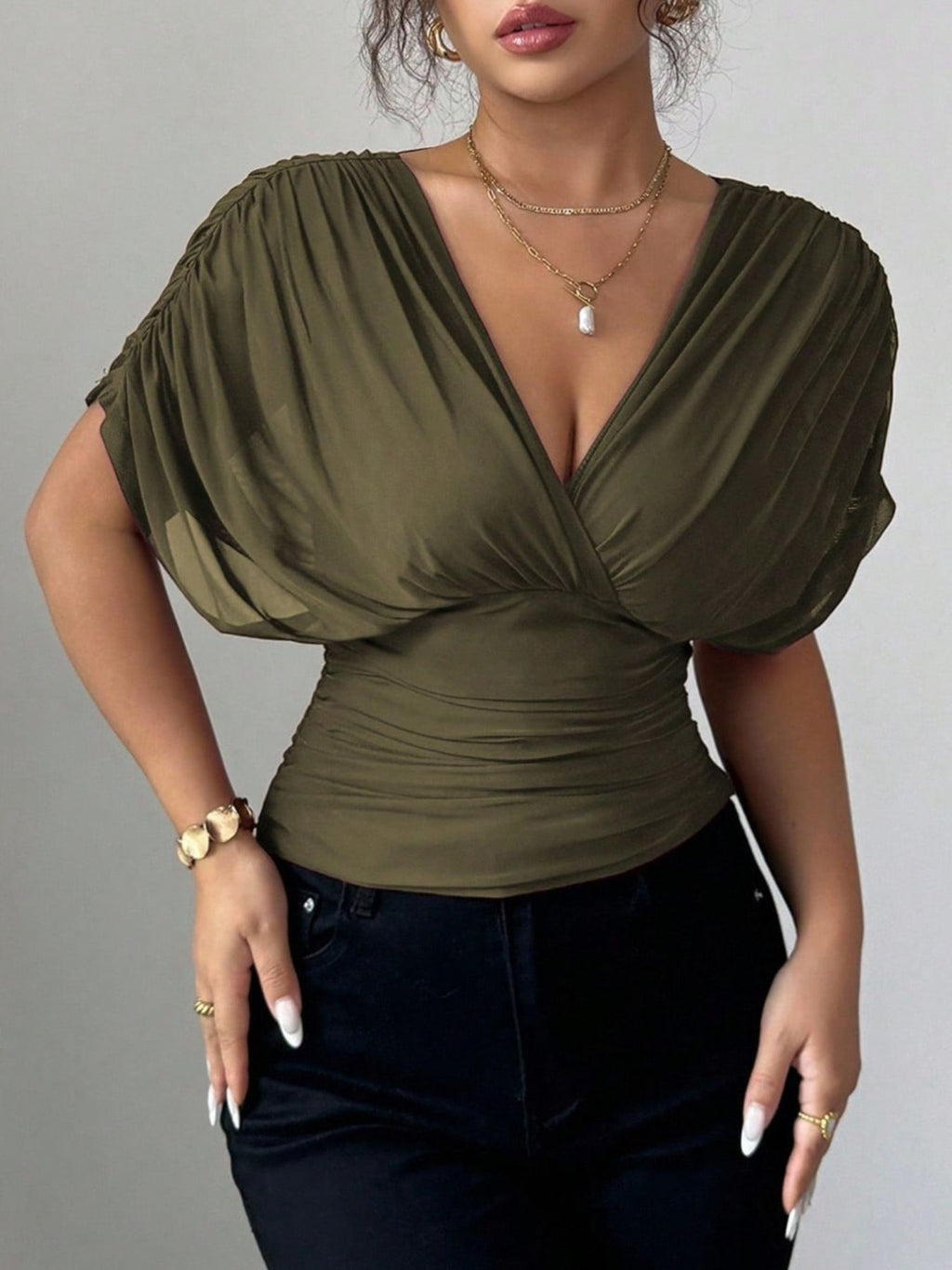Ruched Surplice Short Sleeve Top