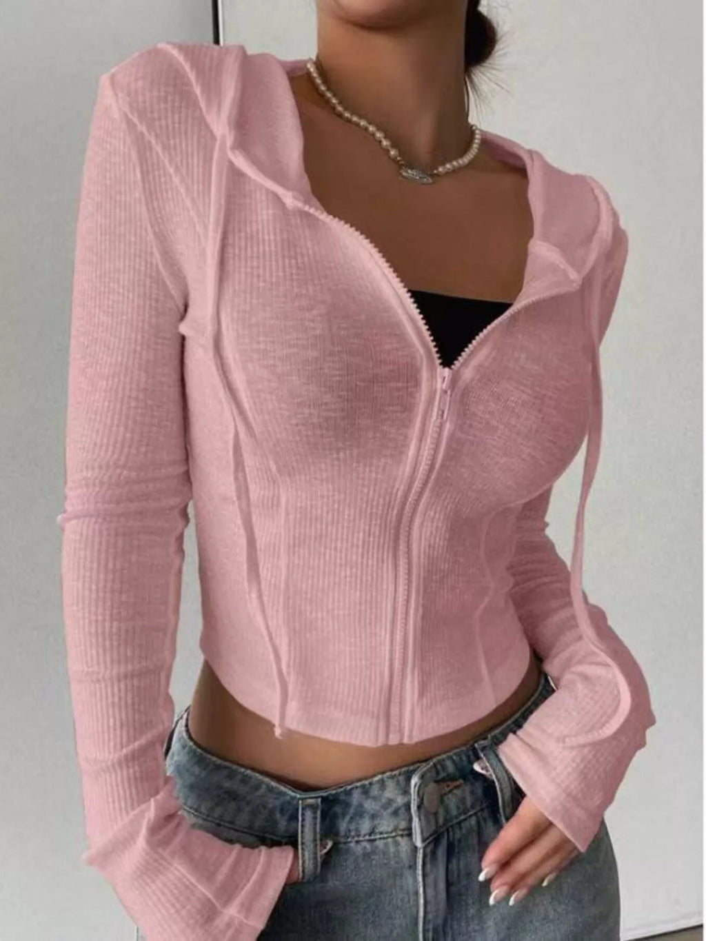 Ribbed Knit Cropped Zip-Up Outerwear