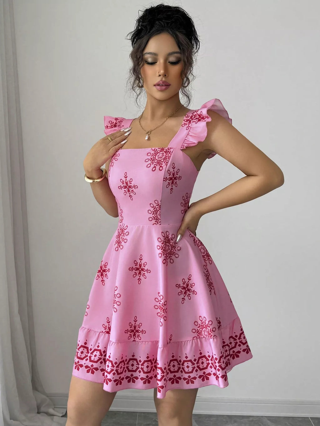 Printed Bow Back Square Neck Mini Dress