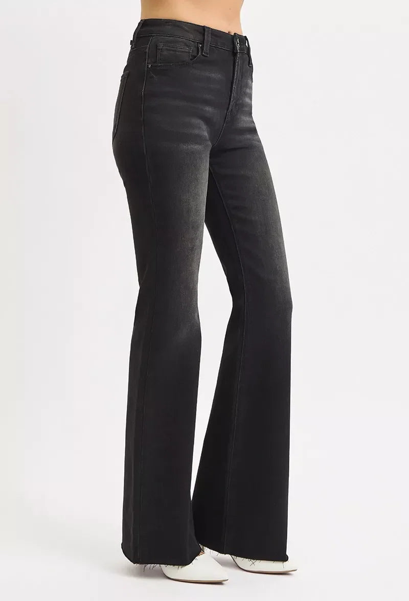 RISEN Full Size High Rise Flare Raw Cut Hem Jeans Plus Size