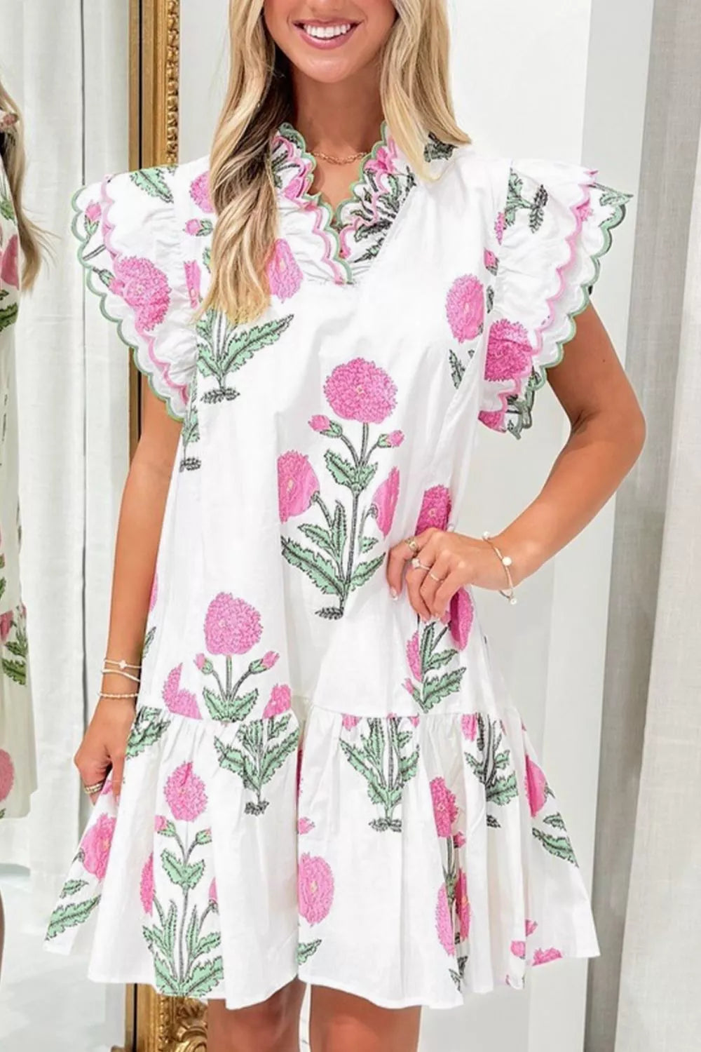 Floral Print Ruffle Trim Casual Mini Dress