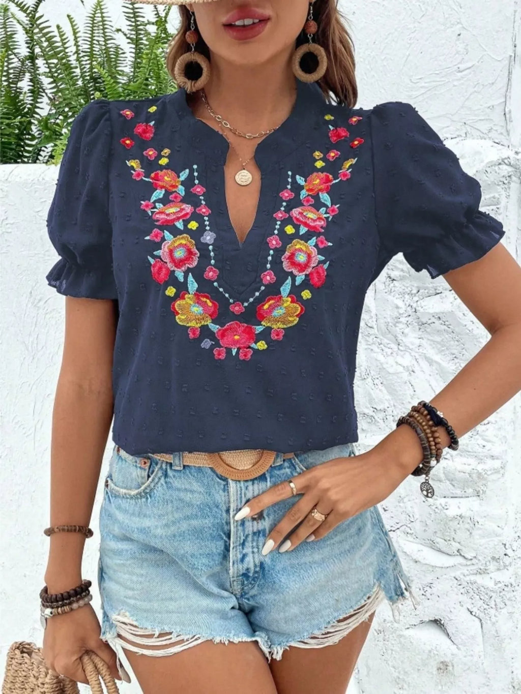 Floral Embroidered Puff Sleeve Blouse