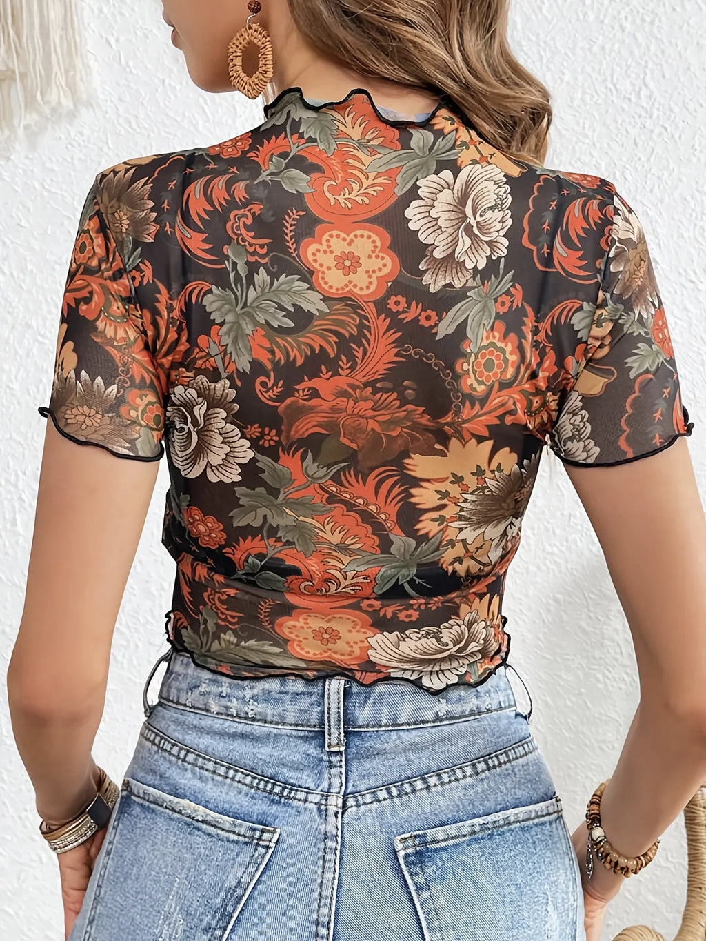 Floral Mesh Crop Top with Lettuce Trim