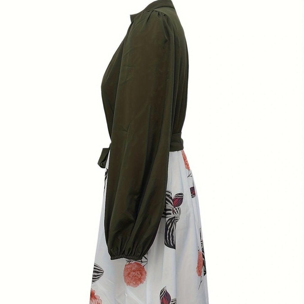 Ladies' Fashion Printed V-neck Waist Strap Casual Dress