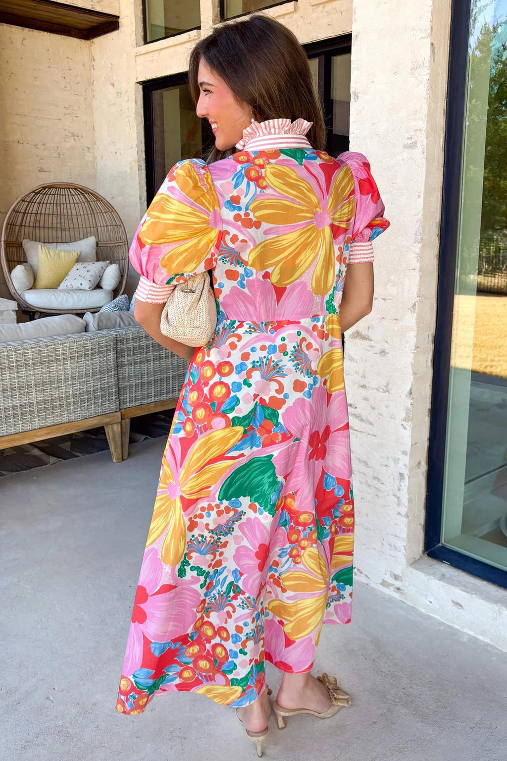 Floral Stripe Trim Puff Sleeve Buttoned Maxi Dress