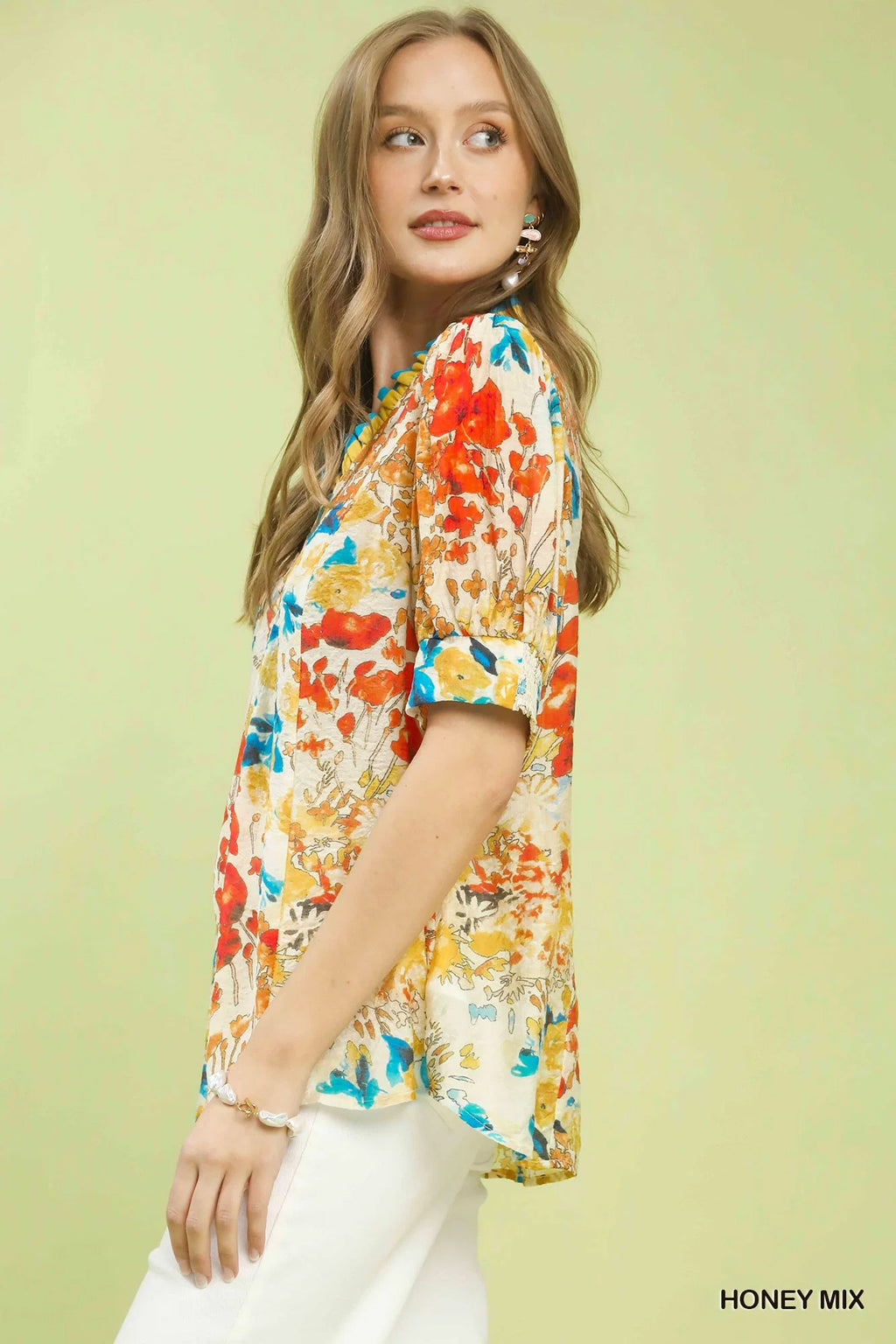 Umgee Floral Contrast Pleat Neck Top