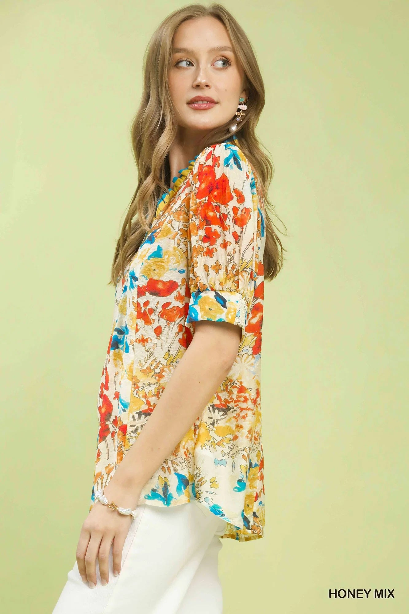 Umgee Floral Contrast Pleat Neck Top