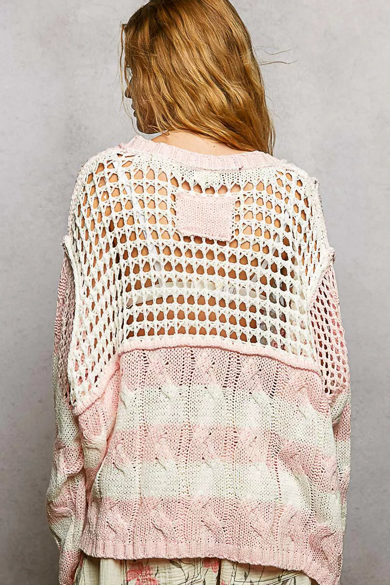 POL Color-Blocked Stripe Pattern Knit Top with Twisted Weave