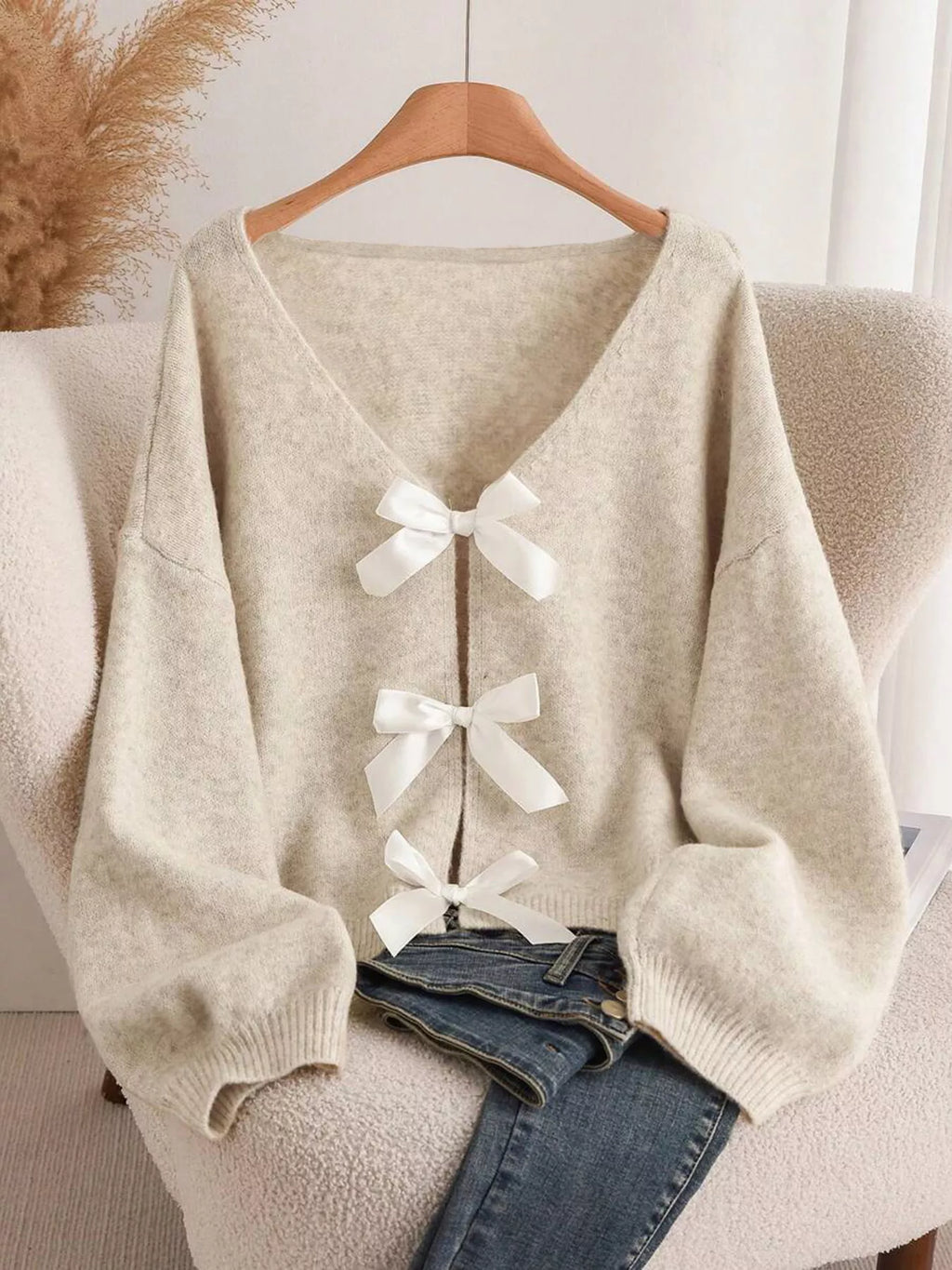 Bow-knot Front V-Neck Knit Cardigan