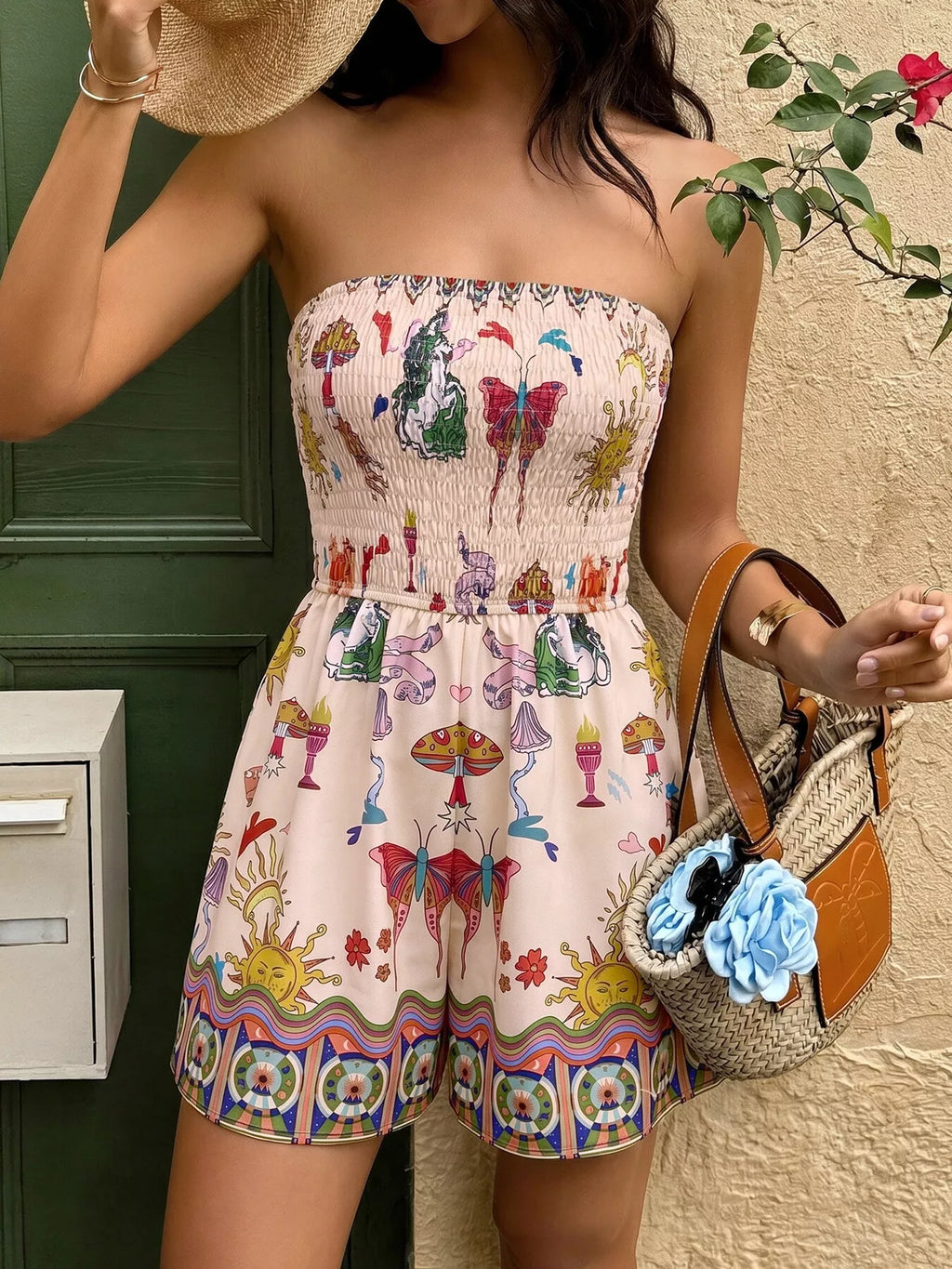 Butterfly Print Smocked Tube Romper