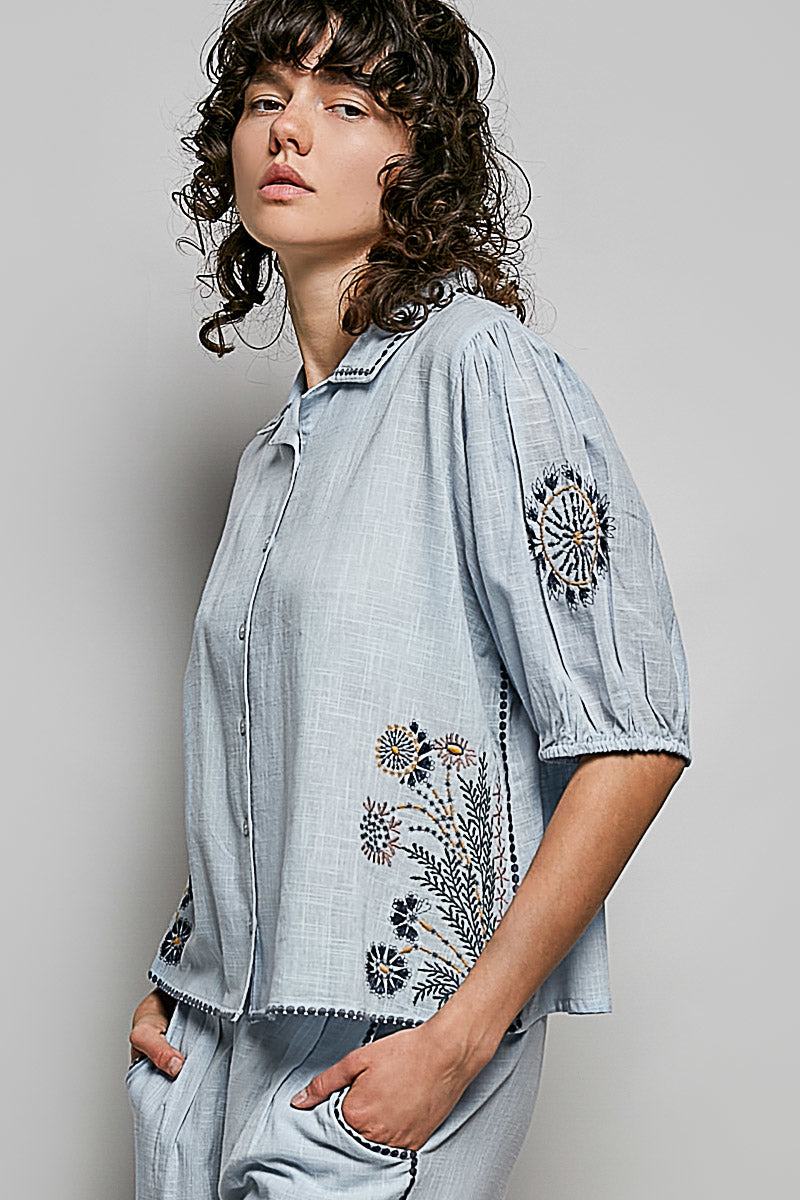 POL Button Down Embroidered Floral Short Sleeve Shirt