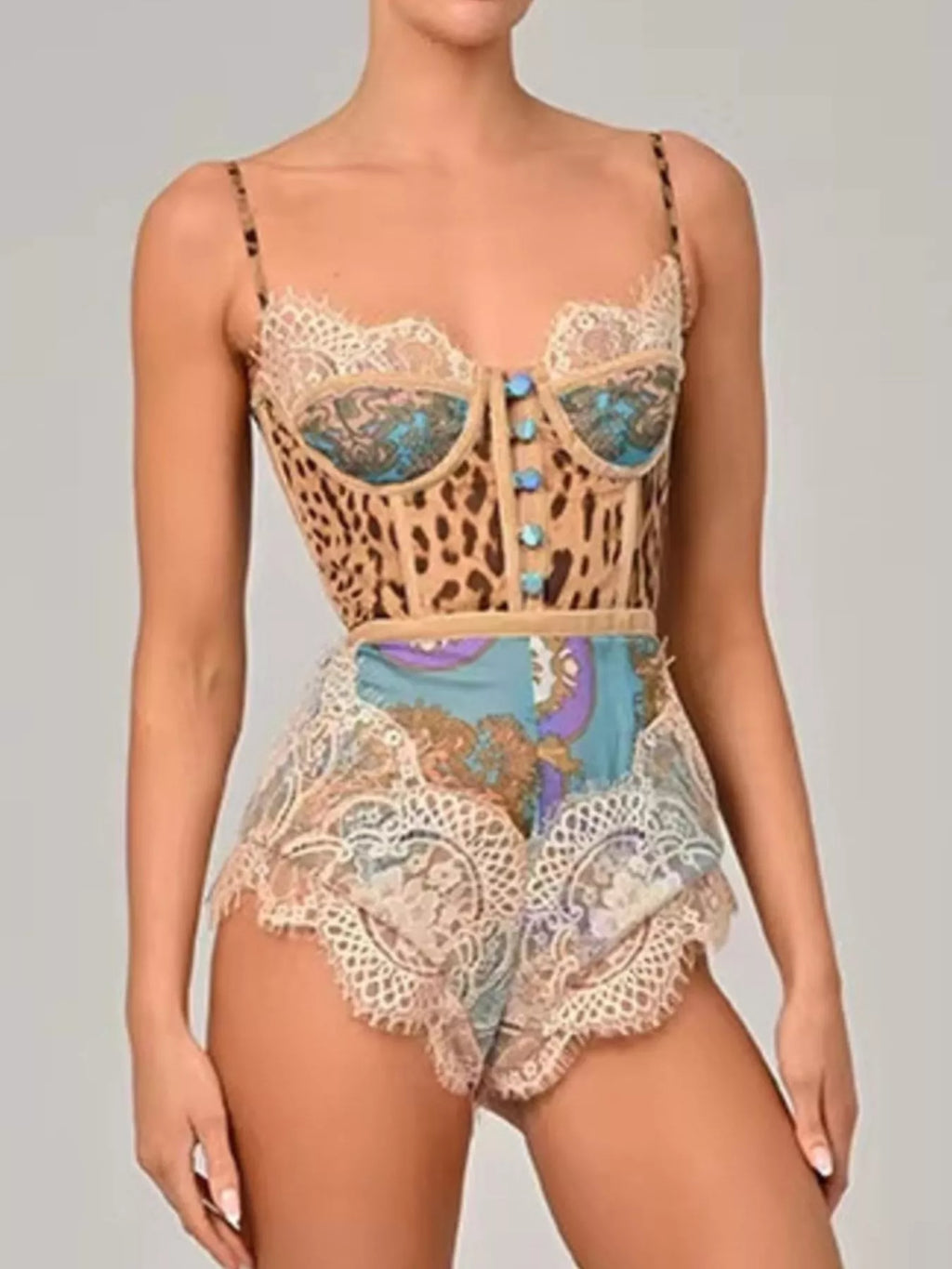 Leopard Print Lace Trim Romper