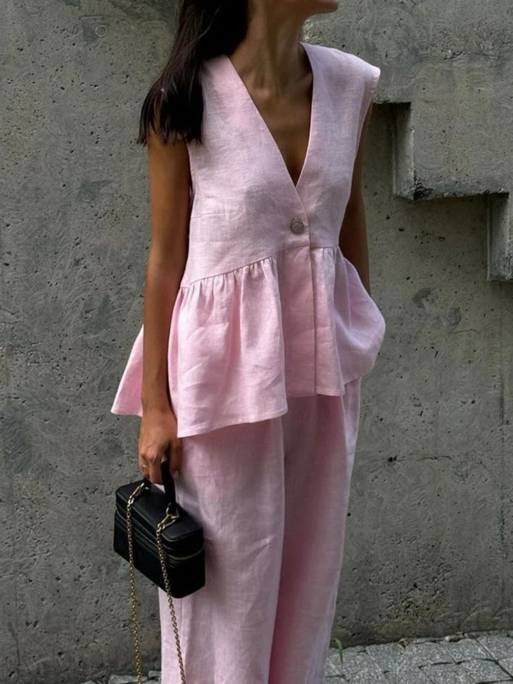 One Button Sleeveless Top and Wide-Leg Pants Set