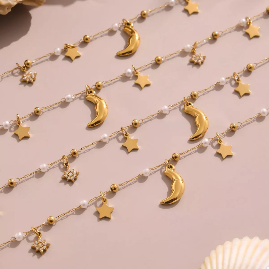 18K Gold-Plated Stainless Steel Zircon Star Moon Necklace