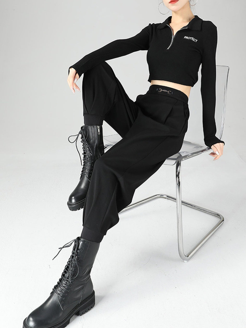 High-Waisted Buckle Detail Tapered Pants