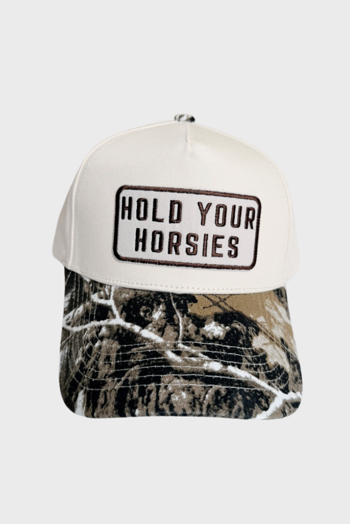 Hold Your Horsies // Embroidered Patch on Camo Structured Cap