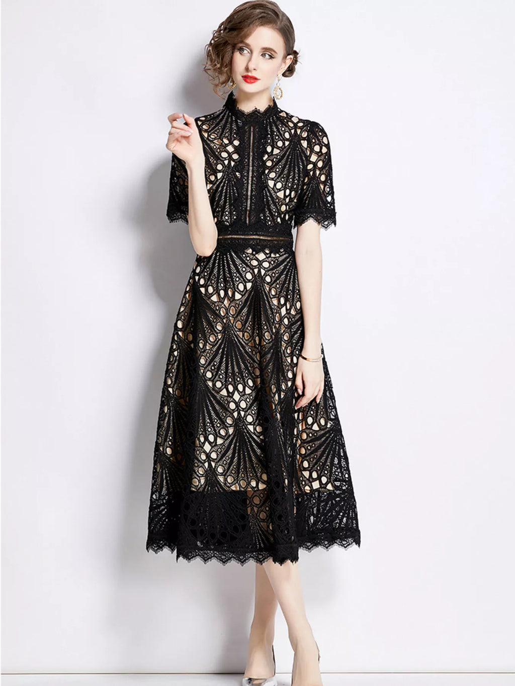 Full Size Lace Short Sleeve Midi Dress Plus Size