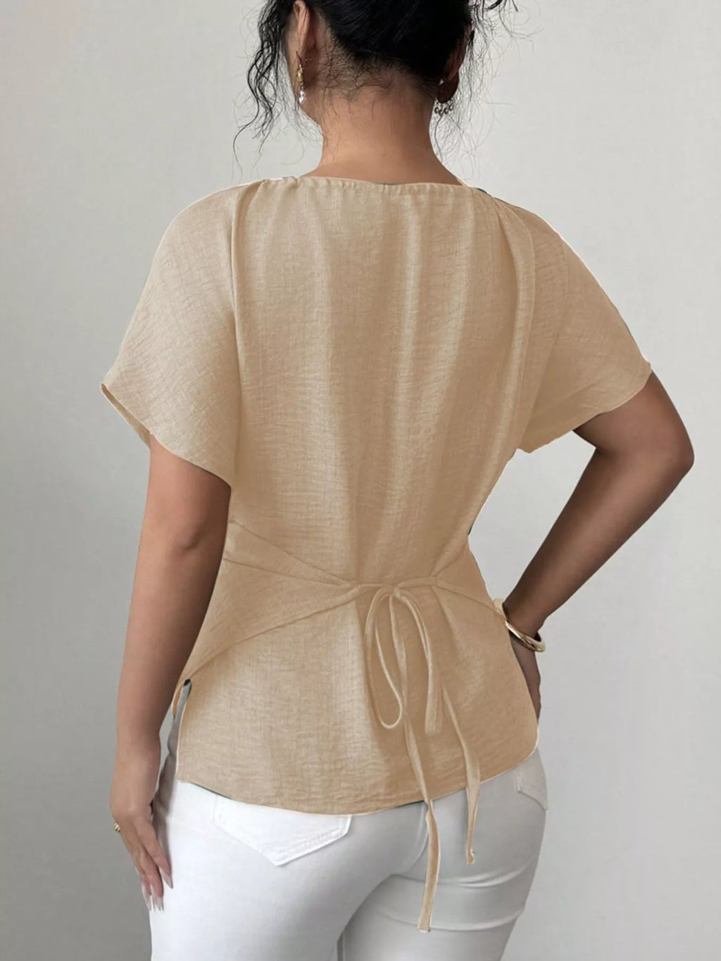 Beaded Neckline Short Sleeve Blouse