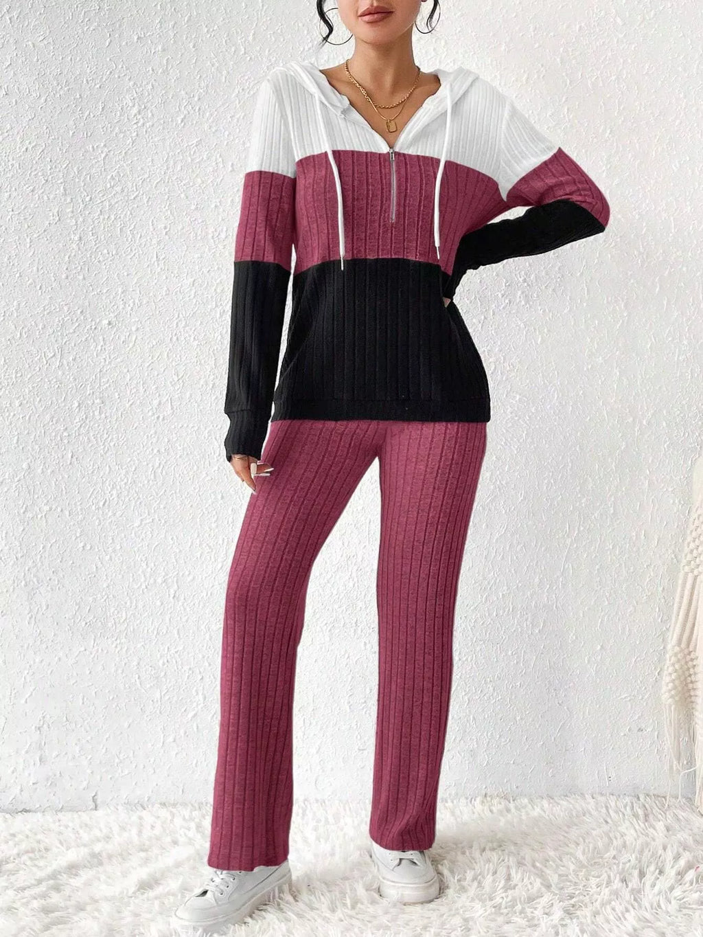 Color Block Half Zip Hooded Top and Pants Set