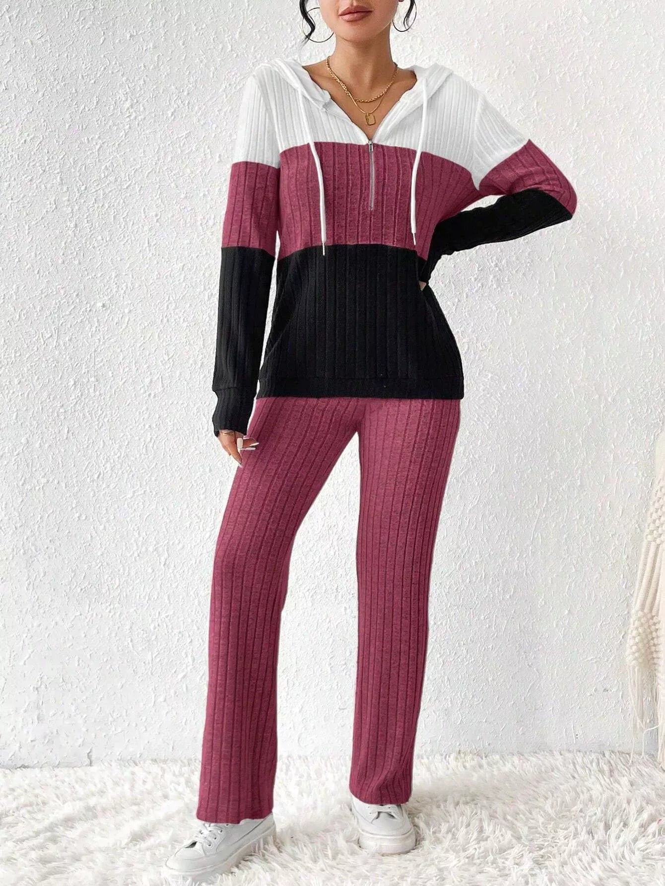 Color Block Half Zip Hooded Top and Pants Set