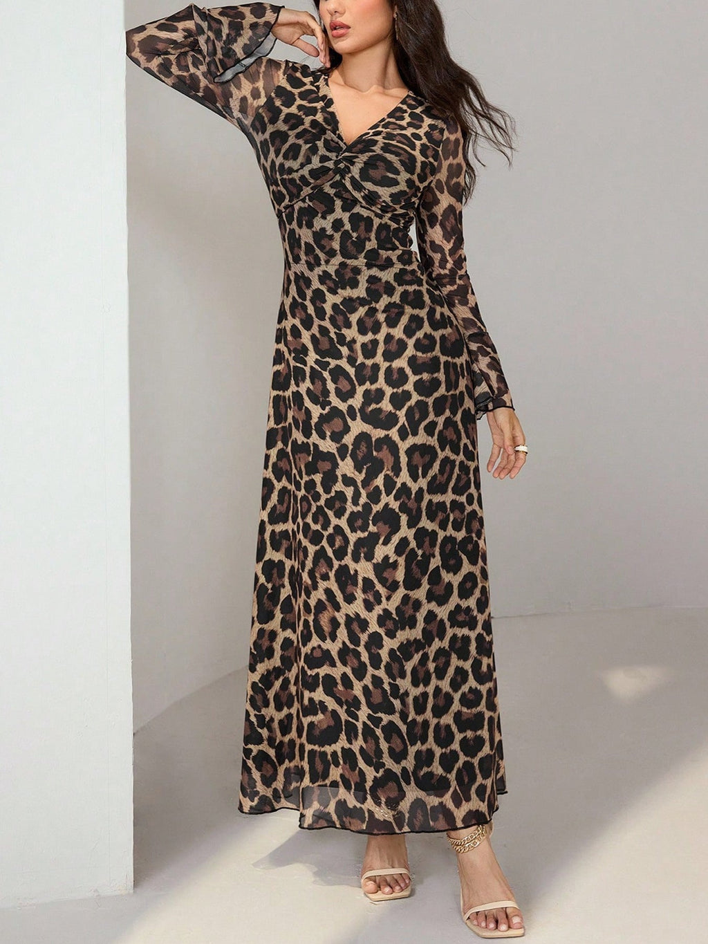 Leopard Print Flare Sleeve Maxi Dress