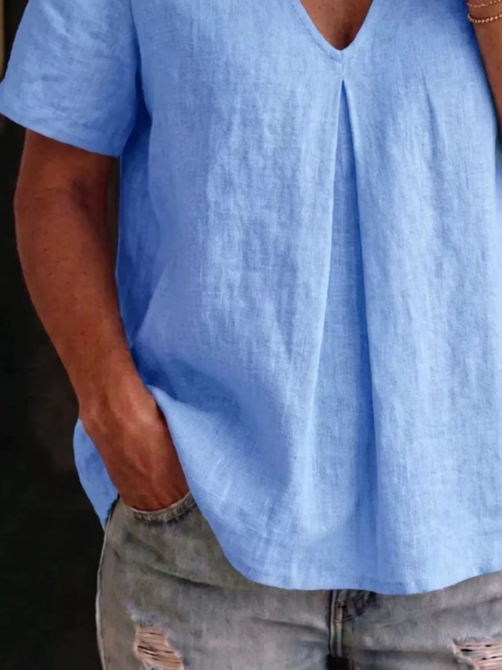 Full Size V-Neck Pleated Short Sleeve Blouse Plus Size