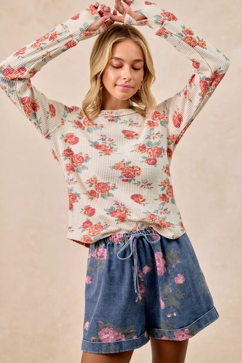 BiBi Floral Print Washed Waffle Thermal Top With Thumb