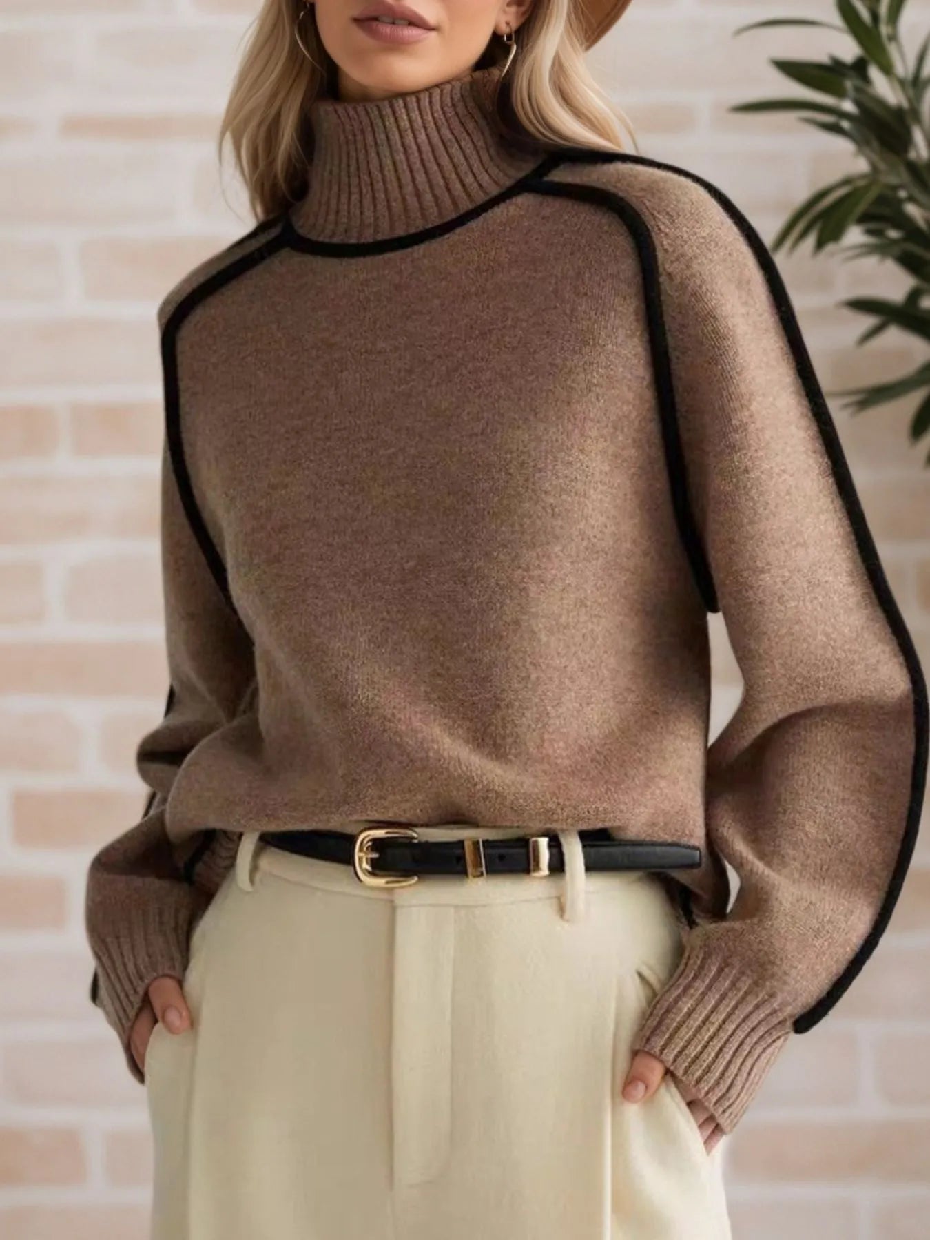 Contrast Trim Turtleneck Sweater