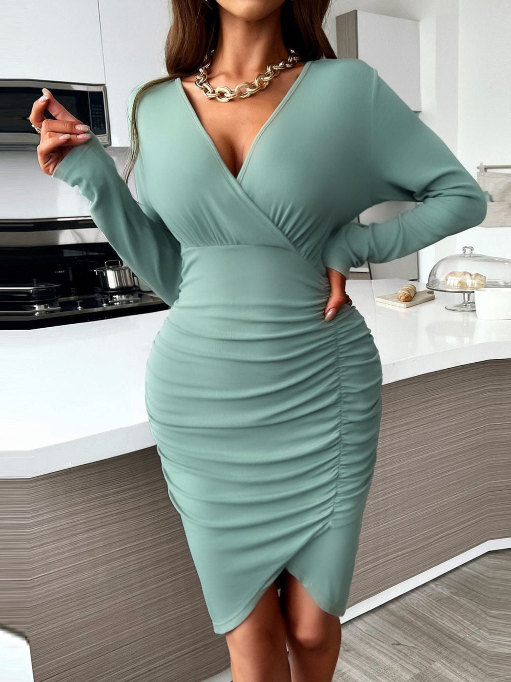 Full Size Ruched Surplice Bodycon Dress Plus Size