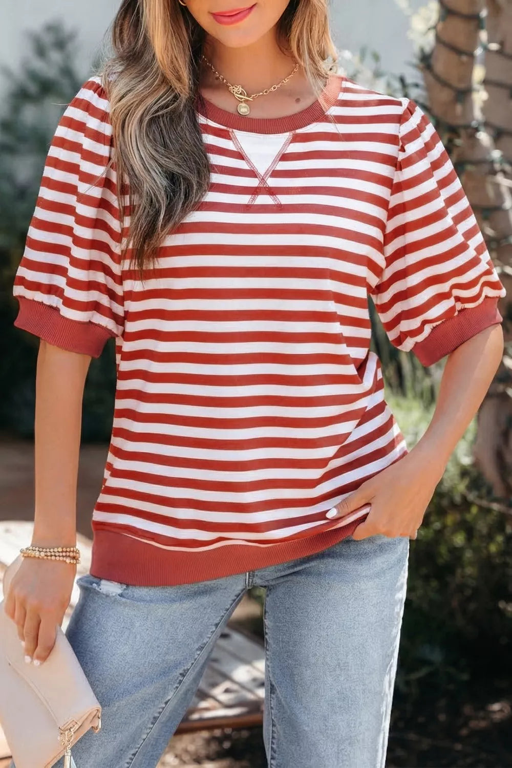 Striped Puff Sleeve Casual T-Shirt