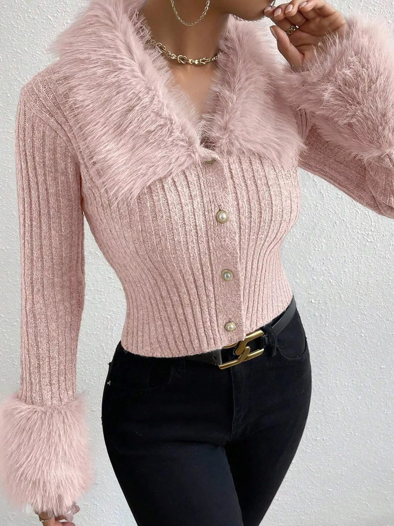Faux Fur Trim Ribbed Knit Cropped Cardigan