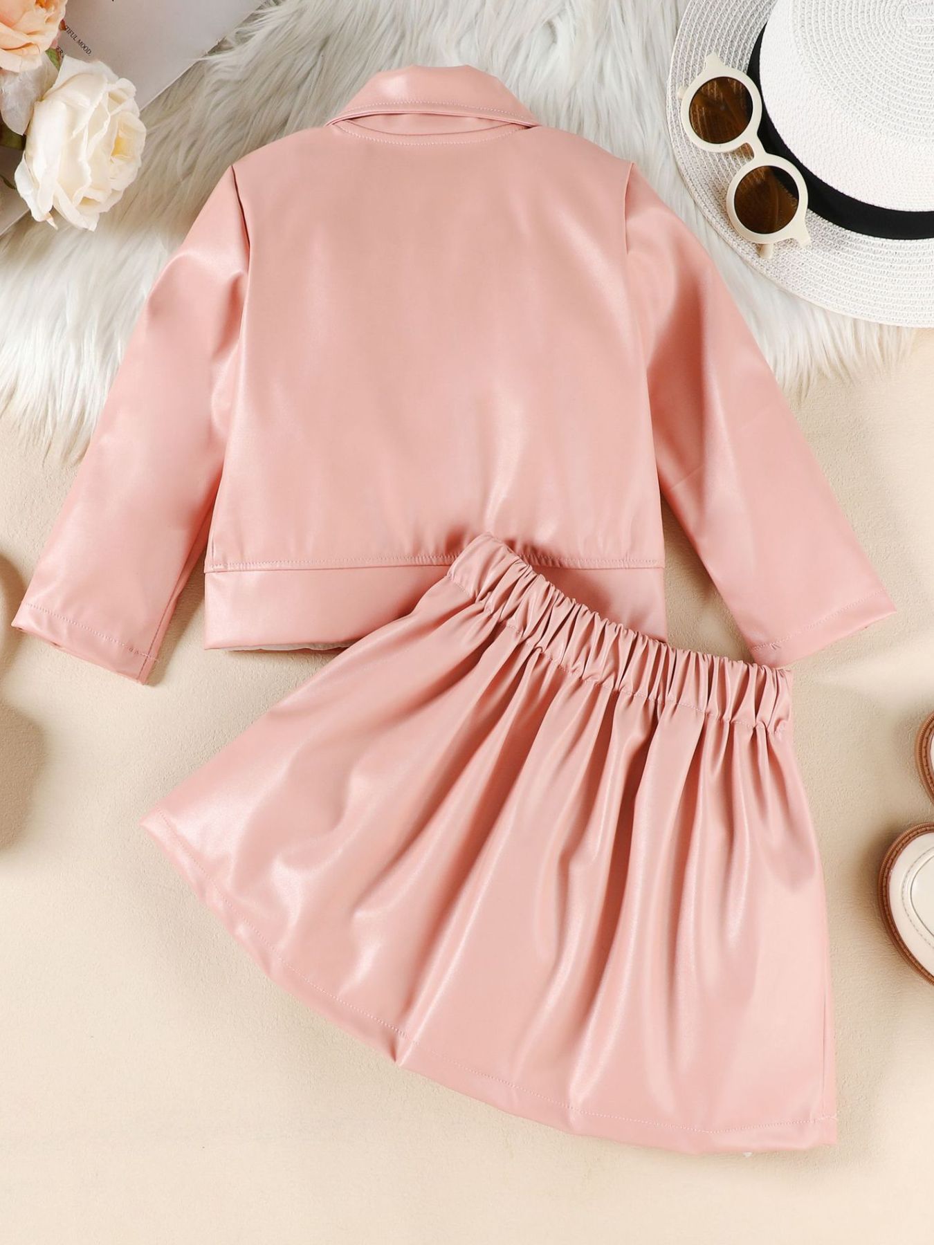 Children's Faux Leather Jacket & Pleated Skirt Set