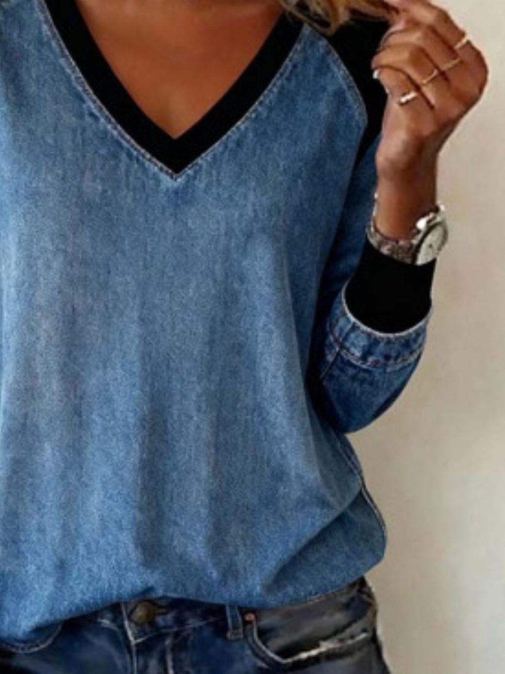 Full Size Patchwork V-Neck Long Sleeve Blouse Plus Size