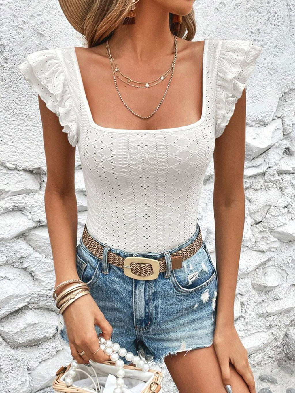 Square Neck Ruffle Sleeve Top