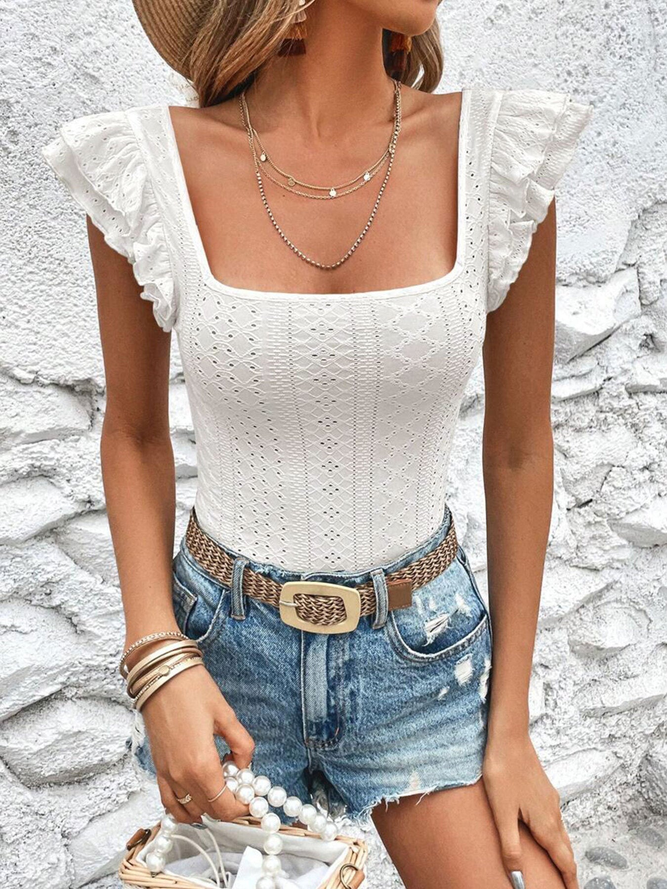 Square Neck Ruffle Sleeve Top